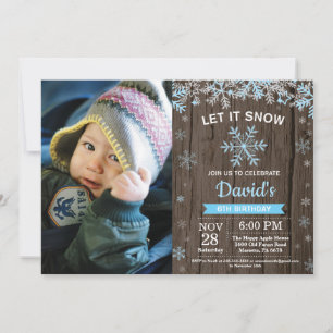 Rustic Winter Snowflake Blue Silver Boy Birthday Invitation