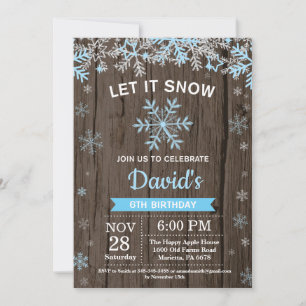 Rustic Winter Snowflake Blue Silver Boy Birthday Invitation
