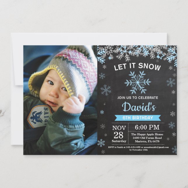 Rustic Winter Snowflake Blue Silver Boy Birthday Invitation (Front)