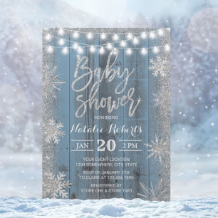 Rustic Winter Snowflake Dusty Blue Baby Shower Invitation