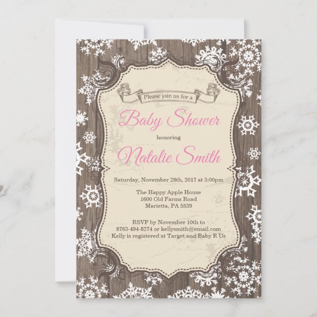 Rustic Winter Snowflake Girl Baby Shower Invitation (Front)