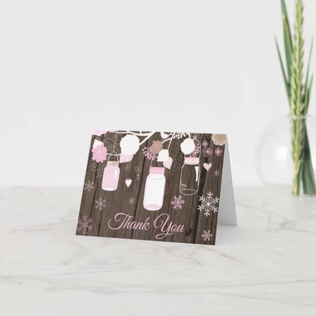 Rustic Winter Snowflake Mason Jar Pink Thank You Card (Front)