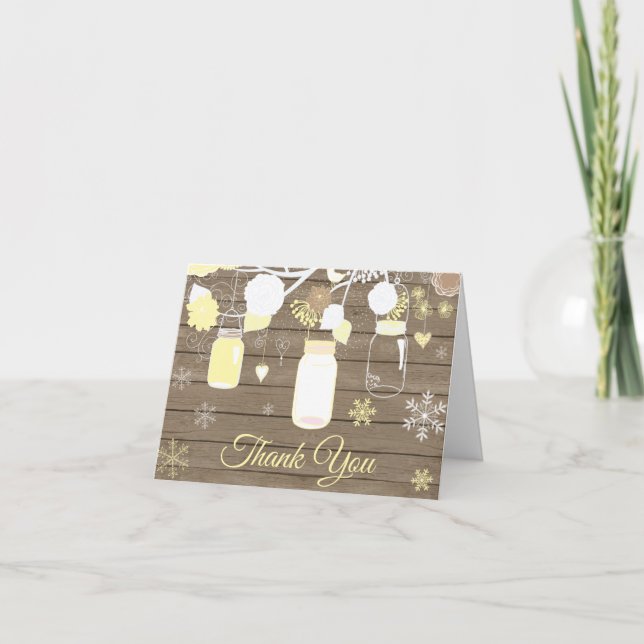 Rustic Winter Snowflake Mason Jar Yellow Thank You Card (Front)