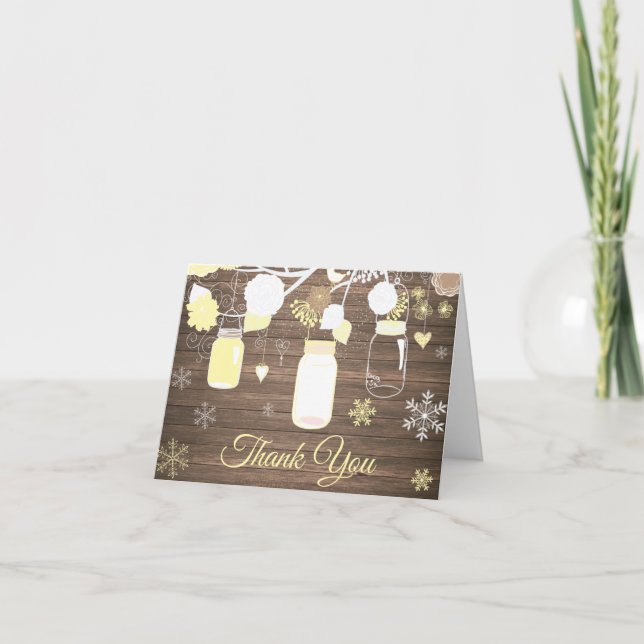 Rustic Winter Snowflake Mason Jar Yellow Thank You Card (Front)