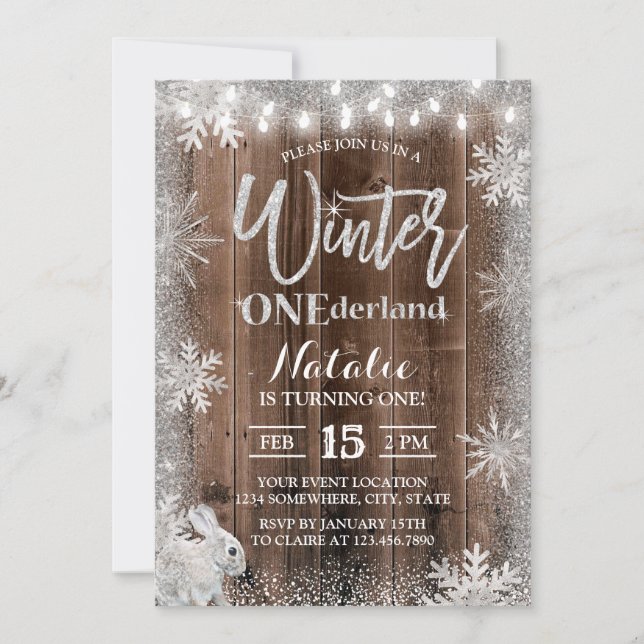 Rustic Winter Snowflake ONEderland Rabbit Birthday Invitation (Front)