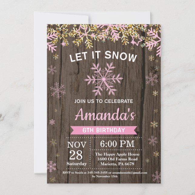 Rustic Winter Snowflake Pink Gold Girl Birthday Invitation (Front)