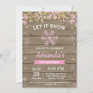 Rustic Winter Snowflake Pink Gold Girl Birthday Invitation