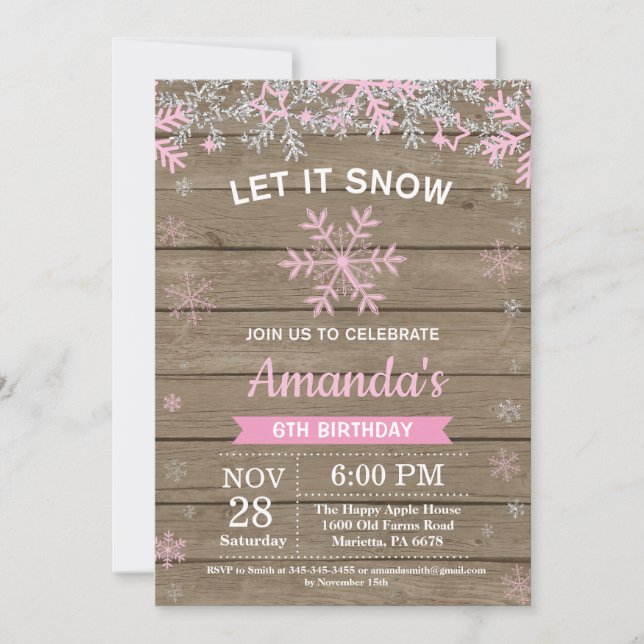 Rustic Winter Snowflake Pink Silver Girl Birthday Invitation (Front)