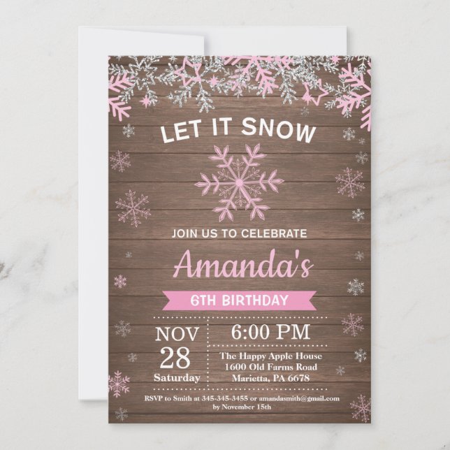 Rustic Winter Snowflake Pink Silver Girl Birthday Invitation (Front)