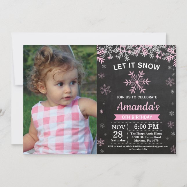 Rustic Winter Snowflake Pink Silver Girl Birthday Invitation (Front)