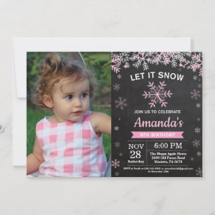 Rustic Winter Snowflake Pink Silver Girl Birthday Invitation
