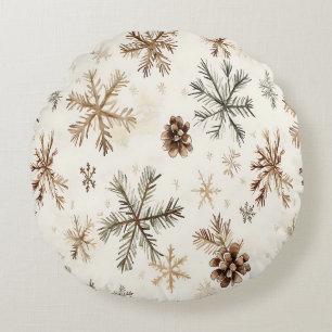 Rustic winter snowflakes and pinecones round cushion