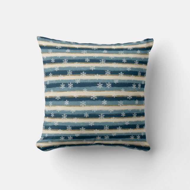 Rustic Winter Snowflakes Blue Gold Painted Stripes Cushion (Front)