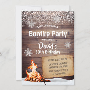 Rustic Winter Snowflakes Bonfire Birthday Party Invitation