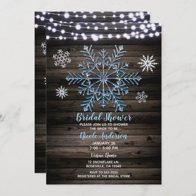 Rustic Winter Snowflakes & Lights Bridal Shower Invitation (Front/Back)