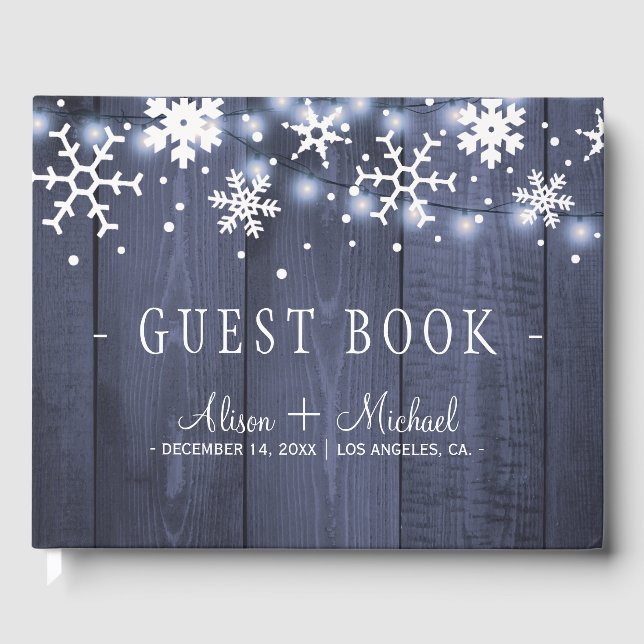 Rustic winter snowflakes string lights wedding guest book (Front)