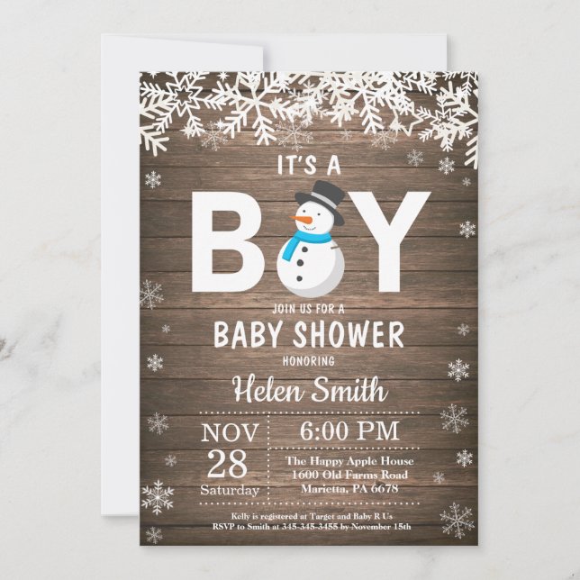 Rustic Winter Snowman Boy Baby Shower Invitation (Front)