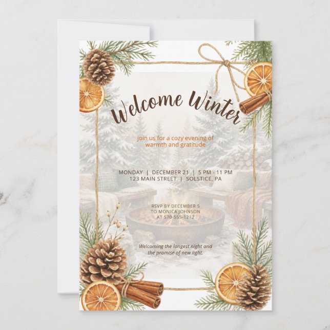 Rustic Winter Solstice Fire Pit Mixer Celebration Invitation (Front)