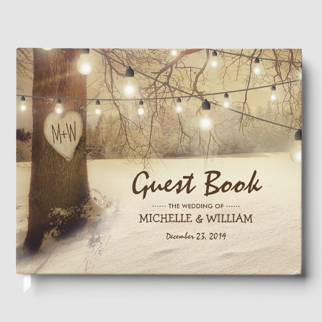 Rustic Winter Tree Christmas Lights Wedding Guest Book (Front)