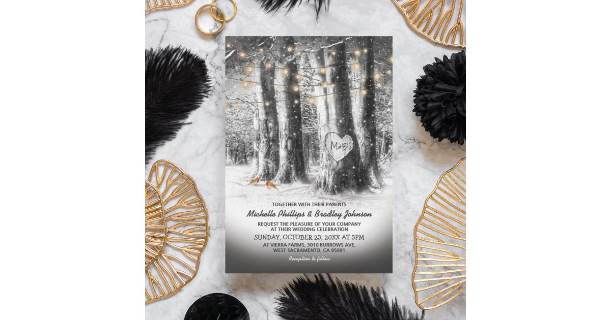 Rustic Winter Tree & String Lights Wedding Invitation | Zazzle
