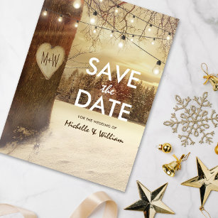 Rustic Winter Tree Twinkle Lights Save the Date Announcement Postcard