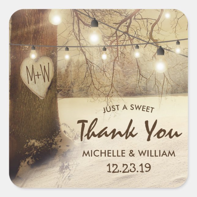 Rustic Winter Tree Twinkle Lights Wedding Square Sticker (Front)