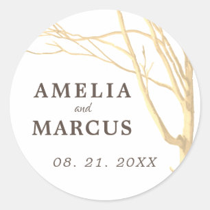 Rustic Winter Tree White Script Wedding Classic Round Sticker