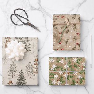 Rustic Winter Trees, Botanicals, Flowers, Snowmen Wrapping Paper Sheet