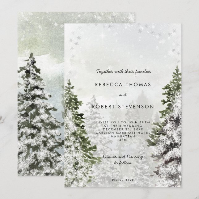 rustic winter trees holiday wedding invitation (Front/Back)