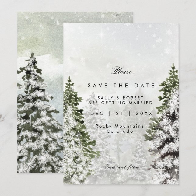 rustic winter trees wedding save the date card (Front/Back)