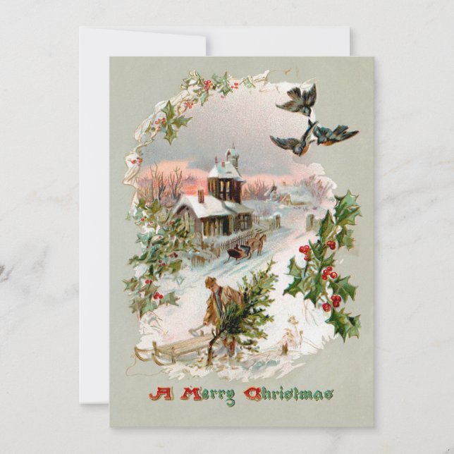 Rustic Winter Village with Holly Holiday Card (Front)