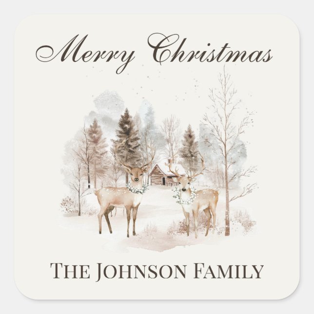 Rustic Winter Watercolor Deer Merry Christmas Square Sticker (Front)