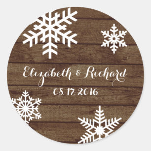 Rustic Winter Wedding Barn Wood Snowflakes Classic Round Sticker