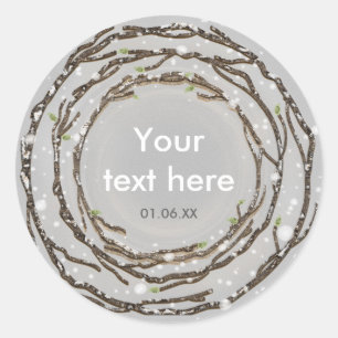 Rustic Winter Wedding Branches & Country Snow Classic Round Sticker
