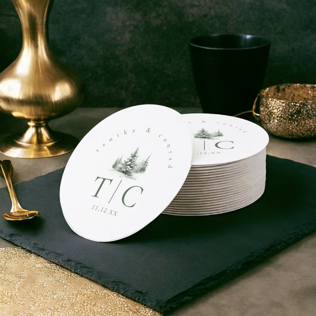 Rustic Winter Wedding Forest Green ID1049 Round Paper Coaster (Creator Uploaded)