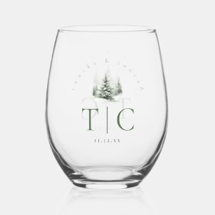 Rustic Winter Wedding Initials Forest Green ID1049 Stemless Wine Glass