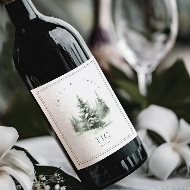 Rustic Winter Wedding Initials Forest Green ID1049 Wine Label (Creator Uploaded)