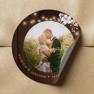 Rustic winter wedding photo personalised wood classic round sticker