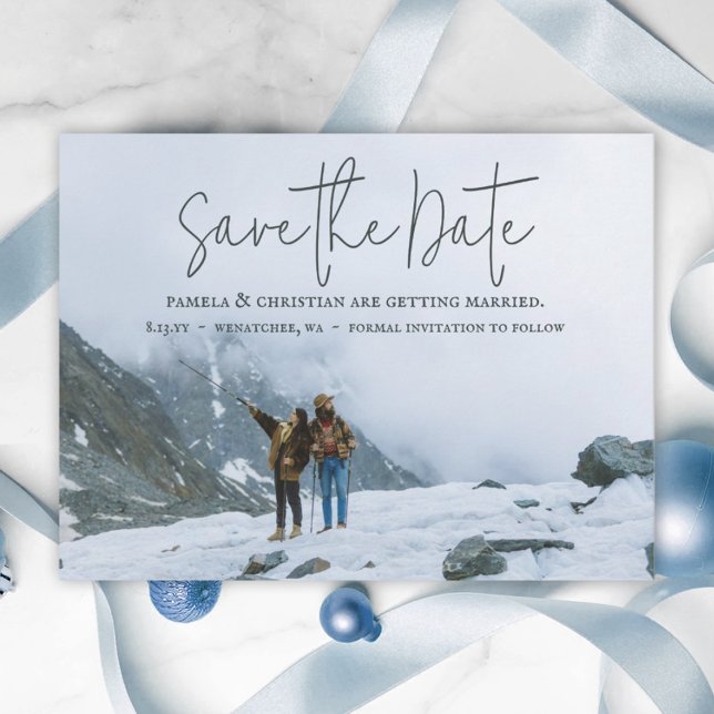 Rustic Winter Wedding Save-the-Date Photo Postcard (simple wedding save the date card winter wedding elegant script calligraphy minimalistic photo card)