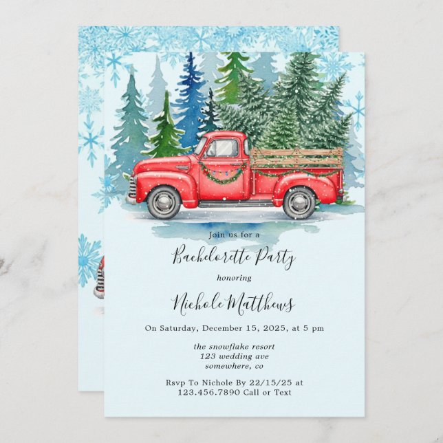 Rustic Winter Wedding Truck Bachelorette Party Invitation (Front/Back)