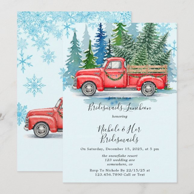 Rustic Winter Wedding Truck Bridesmaids Luncheon Invitation (Front/Back)