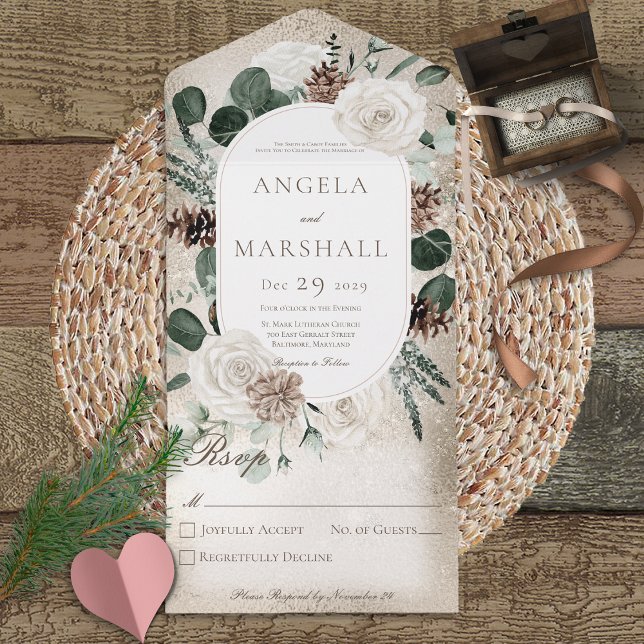Rustic Winter White Floral Gold No Dinner All In One Invitation (Creator Uploaded)