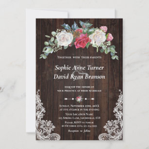 Rustic Winter White Red Floral Wood Lace Wedding Invitation