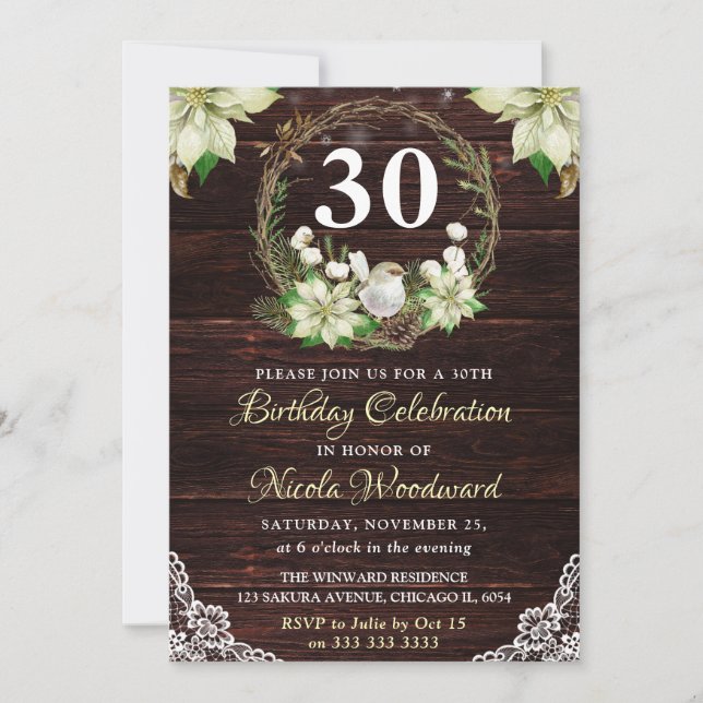 Rustic Winter White Robin & Holly Wreath Birthday Invitation (Front)
