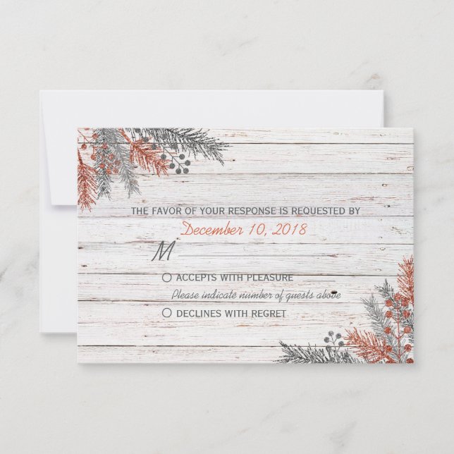 Rustic Winter Whitewashed Wood Wedding RSVP Card (Front)