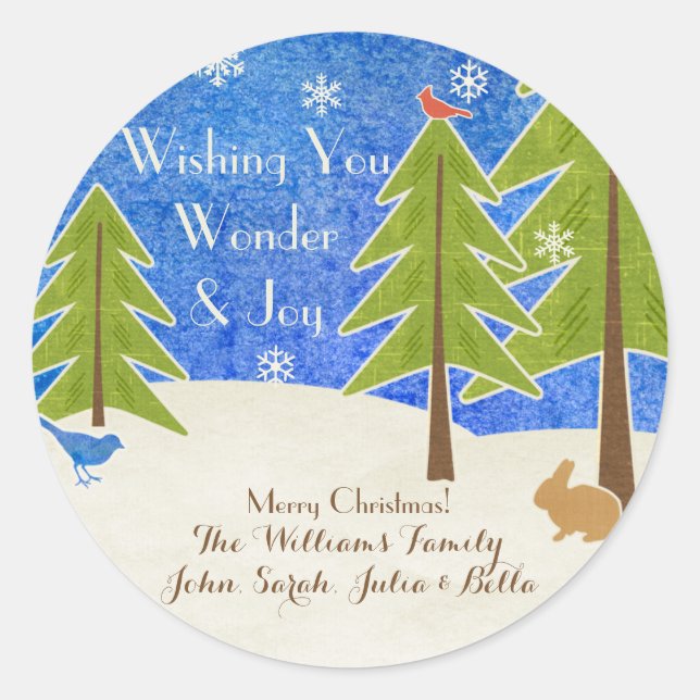 Rustic Winter Wonderland & Joy Merry Christmas Classic Round Sticker (Front)