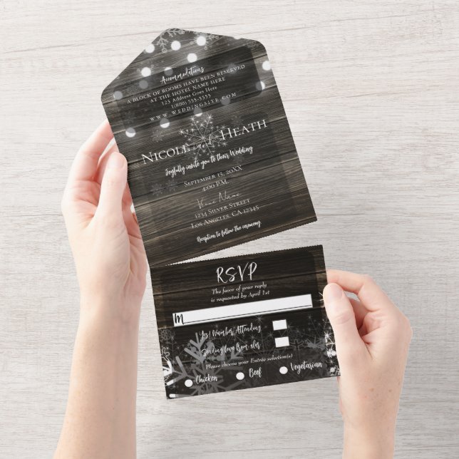 Rustic Winter Wonderland Snowflakes Wedding    All In One Invitation (Tearaway)