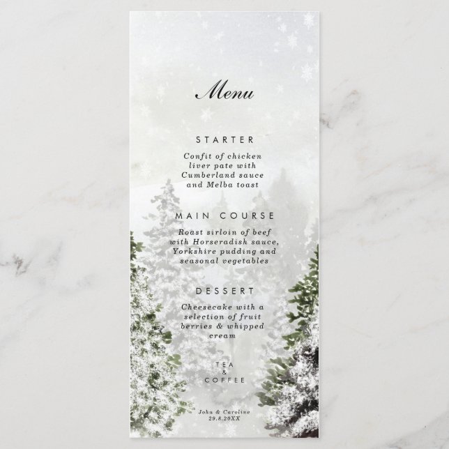 rustic winter wonderland wedding menu cards (Front)