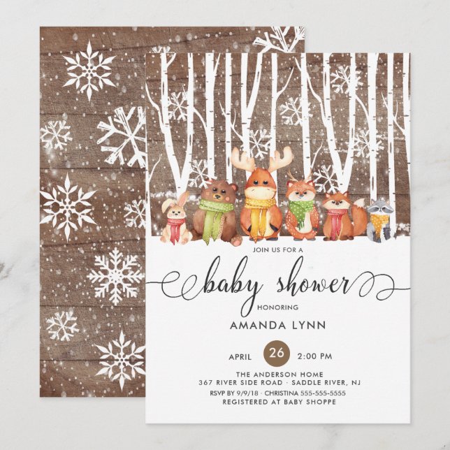 Rustic Winter Woodland Animals Baby Shower Invitation (Front/Back)