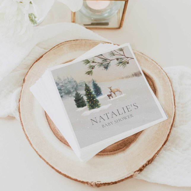 Rustic Winter Woodland Baby Shower Paper Napkins (Elegant Personalized Winter Woodland Baby Shower Napkins)